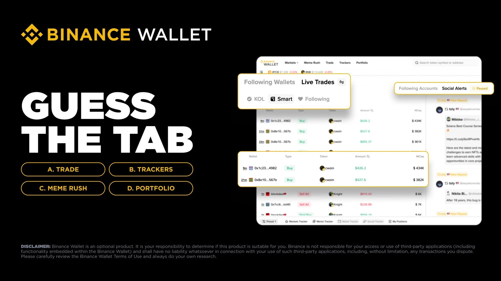 Binance Wallet Guess the Tab graphic featuring CWOIN